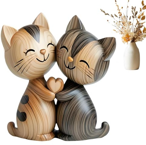 Ruichi Süße Katzen-Deko, Holz Deko Katzen, Holz Dekor Paar Katze Für Den Schreibtisch, Tierische Dekor Für Tisch BücherHaustierliebhaber Wohnzimmer Geburtstag Weihnachten Geschenkidee