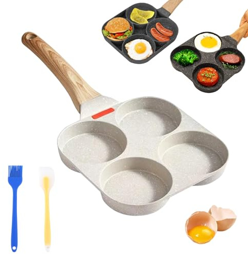 Liocwocne Non-Stick Egg Frying Pan, Omelette Pan Mold Omelette Breakfast Pan, 4 Holes Skillet with Handle for Eggs & Pancakes for Gas, Electric & Induction Hobs, with Detachable Wooden Handle (White)