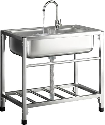 Lavello in Acciaio Inox, Lavandino da Esterno con Rubinetto Caldo e Freddo Lavandino Commerciale Lavelli Autoportante Lavello di Utilità Lavabo Cucina Lavamani Industriale Per Garage Giardino 58*43cm