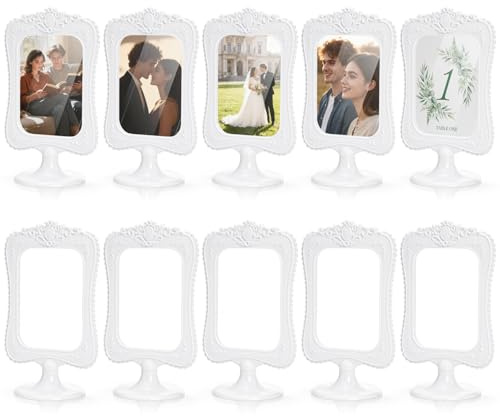 Peohud 10 Pack Double Sided Standing Picture Frames, 4 x 6 Inch White Plastic Pedestal Photo Frames with Inserts and Base for Table Top Display, Wedding, Menu, Vertical Photo Holder Bulk