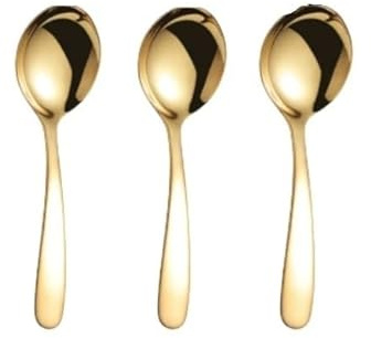 OUYNIEI Lot de 3 cuillères à soupe en acier inoxydable 304 – Petites et grandes cuillères rondes épaisses pour usage domestique (doré)
