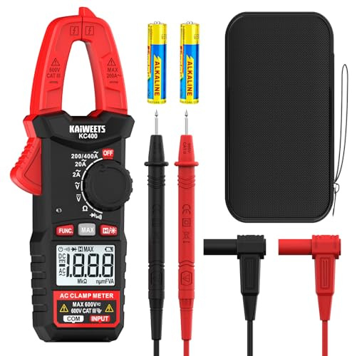 KAIWEETS Pinza Amperimétrica Digital 400A, Multímetro de Gancho Portátil TRMS, 600V AC/DC, Auto-Rango, Medición de Corriente AC, Voltaje, Resistencia, Continuidad y Diodo, KC400