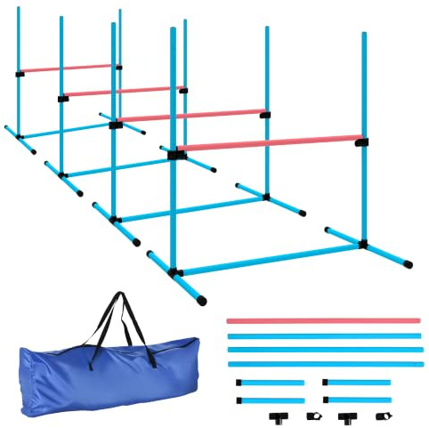 PawHut Agility Set 4-Teiliges Höhenverstellbar für Hunde 4 Hürden Hellblau | Agility-Ausrüstung, Sprungstangen-Set, Steckhürdenset, Tragetasche, Koordinationstraining, für Spiele Training