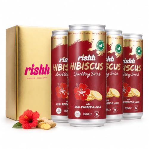 Rishh Hibiscus Sparkling Drink - 4 x 250ml Cans - Natural soda with with real ginger juice, Vegan, Botanical soft drink alternative (Pineapple and Ginger)