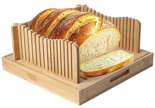 Foldable Bamboo Bread Slicer Tray with Crumb Collector & Adjustable Guide - for Perfectly Even Slices of Homemade, Sourdough & Sandwich Bread (Knife Not Included)