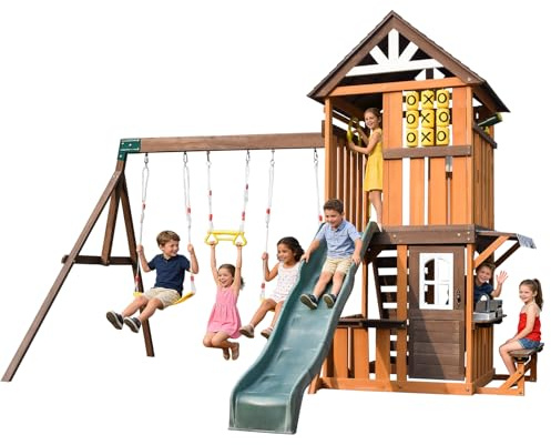 JOYLDIAS Cedar Wood Swing Set with Wave Slide, Play Kitchen, Rock Wall Ladder, Belt Swings, Toy Telescope, Steering Wheel, Tic-Tac-Toe, Balconies, Outdoor Playhouse Playground Set for Backyard Garden