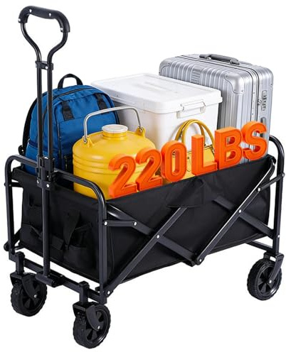 100L Festival/Camp Trolley on Wheels with Brakes-Heavy Duty Folding Wagon Cart with 360° All-Terrain Wheels & Adjustable Handle, Foldable Beach Wagon for Outdoor, Garden & Shopping, Black