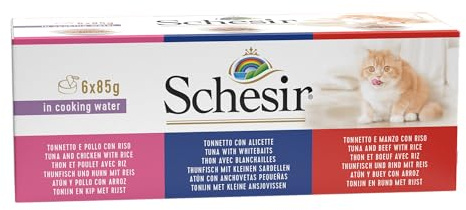 Schesir Cat in Brühe - Katzenfutter nass mit Thunfisch, Hühnerfilet und Goldbrasse in eigener Kochbrühe, hohe Verträglichkeit, Multipack in Dosen (6 x 70 g)
