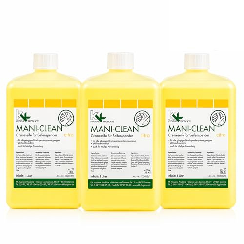 Flüssigseife 3x1L – pH-neutral & rückfettend – milde Handseife mit frischem Zitronenduft – für Spender – ideal für Haushalt, Bad & Büro – KK Mani-Clean Citro