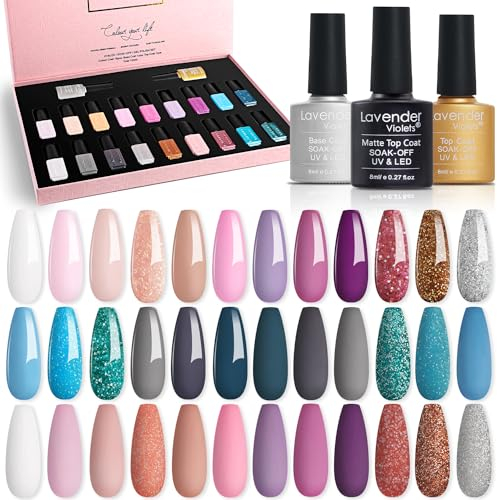 Lavender Violets 21 Stück Gel-Nagellack-Set Lila Grau Grün French Nail Nude UV LED Soak Off Base,Matte,Top Coat Nägel Soak Off Band Rosa glitzernde Der Geschmack der Liebe Geschenkbox F984