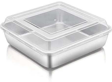 TeamFar Square Cake Pan with Lid (1 Pan & 1 Lid), 8 Inch Square Stainless Steel Baking Tray Cake Brownie Tin For Meal Prep Storage Transporting Food, Healthy & Sturdy, Dishwasher Safe