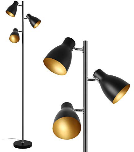 Eusamxon Lampada da terra a 3 luci girevole per soggiorno, lampada da terra industriale retrò nero - dorato regolabile in piedi lampade da terra per lettura | Presa E27 max. 25 W x 3 | 166 cm