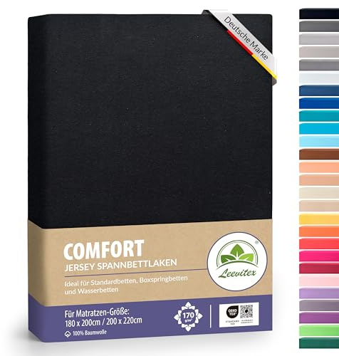 leevitex® Premium Spannbettlaken 180x200–200x220 cm | 40 cm Steghöhe – für Standard-, Boxspring- & Wasserbetten | 100% Mako-Jersey-Baumwolle | ÖKO-TEX Zertifiziert | 170 g/m² | Schwarz