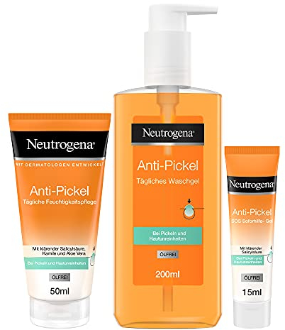 Neutrogena anti-pimple set with daily washing gel (200 ml), daily moisturizing care , oil-free (50 ml) & SOS So for help gel (15 ml), the anti-impurities & facial care set for women