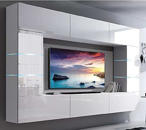Furnitech Wohnwand | Wohnzimmer Möbel Mit LED Weiß | Hängend Modern | Schrankwand Mit Regale Und TV Schrank (Future 61/HG/W/2 1B)