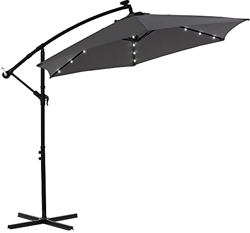 Melko Ampelschirm Ø3,3m Sonnenschirm Grau mit LED Beleuchtung Kurbelschirm Balkonschirm Marktschirm Strandschirm Gartenschirm