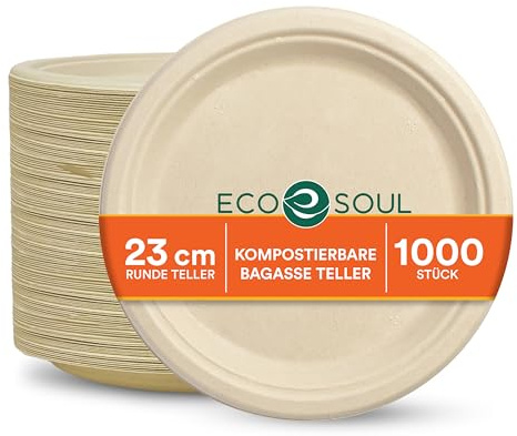 ECO SOUL Pappteller(23 cm) 9 Einwegteller, Natürlich(200-Stück) | Aus Bagasse hergestellt, 100% kompostierbar & plastikfrei, Mikrowellen & gefriergeeignet, Auslaufsicher und extra stabil