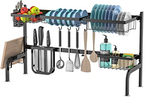 COSTWAY Escurridor de Platos, Escurreplatos sobre el Fregadero, Escurreplatos Ajustable en 2 Niveles (53-99 cm), Acero Inoxidable 4 Cestas y 8 Ganchos, Soportes para Utensilios y Cuchillos
