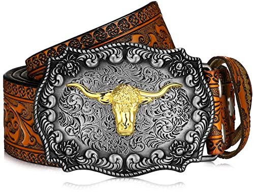 Jadive Cintura con fibbia in pelle occidentale Cowboy Longhorn Bull modello fibbia cintura floreale incisa cintura per uomo, Cammello, 47 Zoll