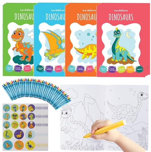 The TWIDDLERS 12 Mini Malbücher für Kinder, A5-Format - 16 lustige Designs mit 4 Buntstiften und Aufklebern - Partygeschenke für Kinder von 4-8 Jahren, Mini Malbuch Mitgebsel