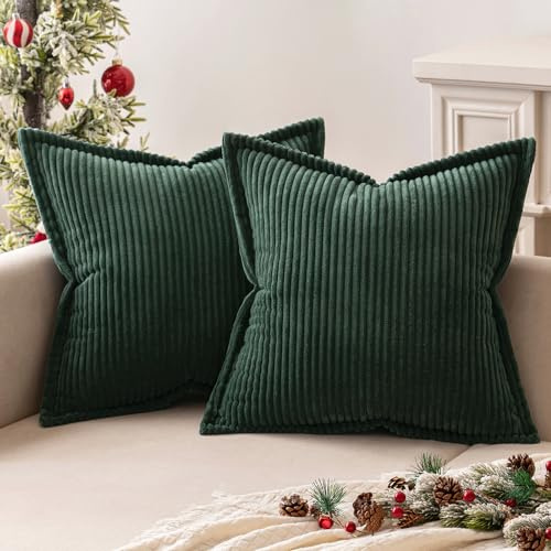 MIULEE Kordsamt Kissenbezug Weiche Kissenhülle Dekorative Sofakissen Quadratische Dekokissen Moderne Zierkissenbezug Gestreifte Kissenbezüge für Schlafzimmer 2 Stück 40x40 cm, Dunkelgrün
