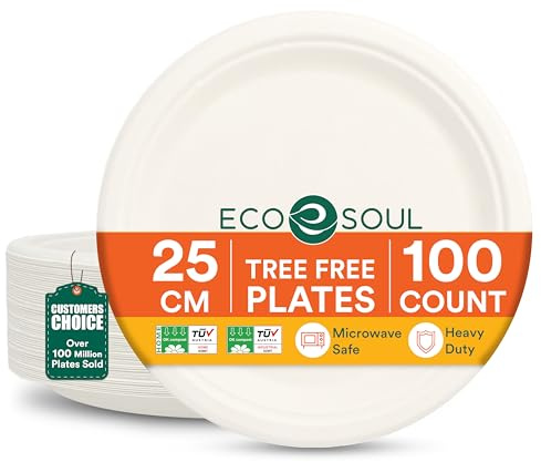 ECO SOUL Pappteller(25 cm) 10 Einwegteller, Weiß(50-Stück) | Nachhaltige Alternative, 100% kompostierbar, Extra stabildeal für den täglichen Gebrauch, Premium Qualität, 50er Pack
