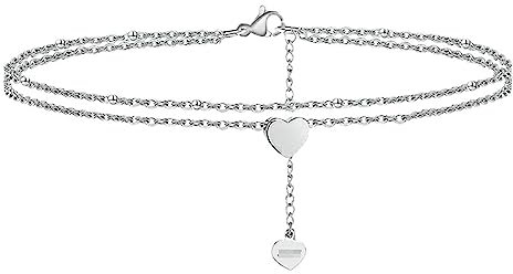 Epinki Echter Schmuck Weißgold 18K 750 Fußkette Freundschaft, Doppelschicht Kette mit Herz Fußkettchen in Bijouterie Armbänder für Mädchen Bettelarmband, 25cm Kettenlänge
