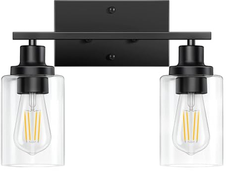 Bathroom Light Fixtures, Black 2-Light Vanity Lights, Modern Bathroom Vanity Light with Clear Glass Shade, Wall Lamp with Metal Frame over Mirror, Vanity Lights for Washroom Bedroom Hallway E26 Base