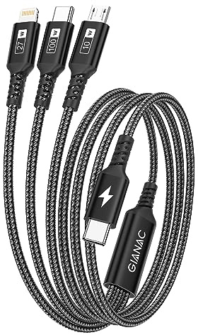 GIANAC 100W USB C auf Multi USB Kabel [1.2M] Schnellladekabel mit E-Mark Chip 3 in 1 Ladekabel USB C auf USB C[100W]+Micro[10W]+Lightning[27W] für Galaxy S23/iPad Pro, MacBook, iPhone14