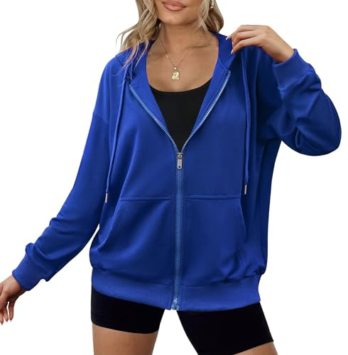 Zeagoo Women Casual Full Zip Up Hoodie Comfy Loose Lightweight Long Sleeve Sweatshirt Solid Color Jacket with Pockets Royal Blue