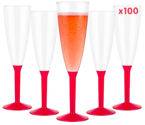 Table'Colors Lot de 100 Flutes Champagne Lavable et Réutilisable 14cl - Verre 100% Recyclable, Grande Stabilité, Rigidité Design Élégant - Parfait pour Anniversaire, Mariage (Rouge)