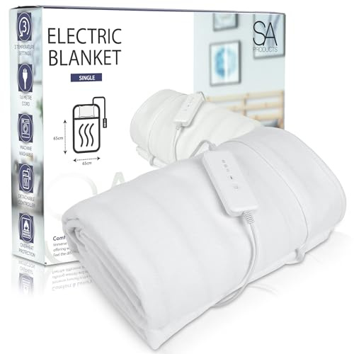 SA Products Electric Heated Blanket | Single, Detachable Remote & 3 Heat Settings | Auto Shutoff, Machine Washable (65x135cm)
