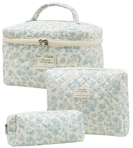 3-teiliges Reise Kosmetiktasche, Gesteppte Kulturtasche, Make-up Tasche, Kosmetiktasche Aesthetic Makeup Bag, Cosmetic Bag, Groß Kapazität, Baumwolle Stockholm- mit Blumenmuster für Damen