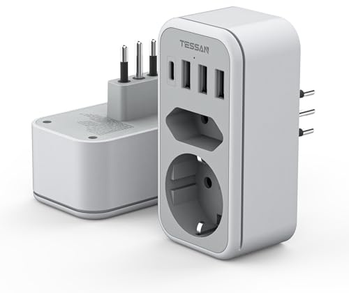 TESSAN Adapter Italien Steckdose, 6 in 1 Reiseadapter | 1 USB C und 3 USB A, 2500W Reiseadapter Italienische Steckdosen für Chile Uruguay, Typ L