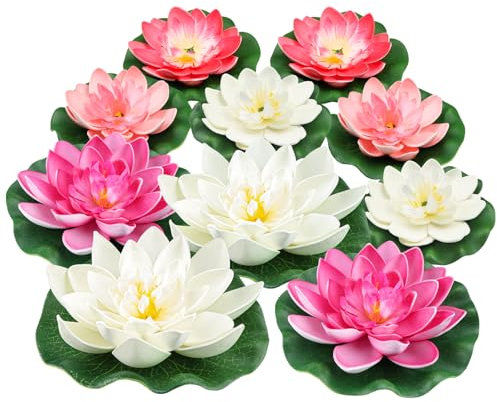QUOZUO 10PCS 3 sizes Artificial Foam Lotus Floating Flowers with Water Lily Pad Ornaments for Home Garden Pond Decor Pools Water Decorations, Pink and white