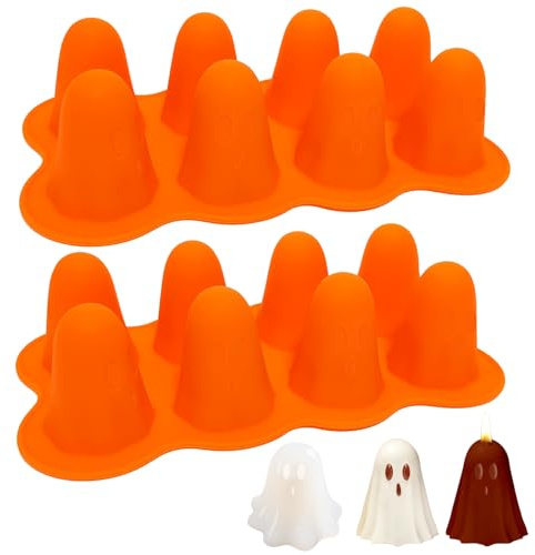 Audasi 2 Pcs Halloween Chocolate Ghost Moulds, 8 Cavity Halloween Ghost Silicone Moulds Silicone Chocolate Moulds Ghost Shaped Baking Mould for Making Ice Cube Jelly Soap Candle Candy Bag