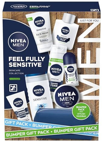 NIVEA MEN Feel Fully Sensitive Skincare Gift Set (8 Products), Includes Shower Gel, Anti-Perspirant, Face Wash, Shaving Foam, Post Shave Balm, Moisturisers, and Wash Bag