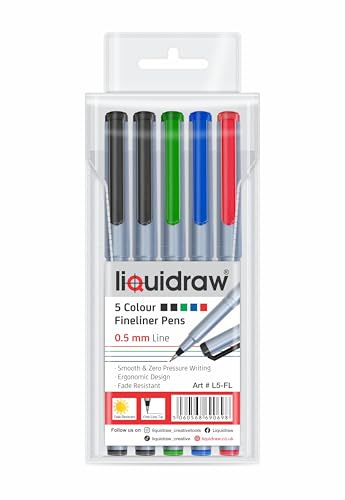 Liquidraw Fineliner Colouring Pens - 5 Pack | 0.5 mm Fine Tip | Assorted Vibrant Colours | Ideal for School, Work & Office Use | For Architects, Technical Drawing, Handwriting, Calligraphy, Sketching