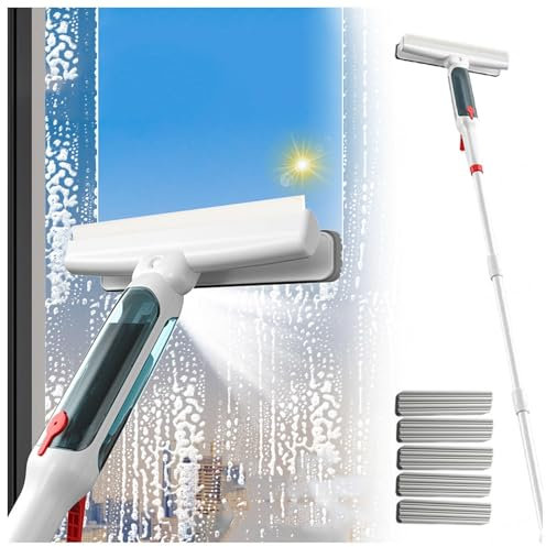 RYJYQYX Spruzzo 4 in 1 Lavavetri Estensibile 41-190 CM, Tiraacqua Vetri Doccia con Raccoglitore Acque Nere E 5 Panni Lavavetri Telescopico per Finestre Alte Interne/Esterne