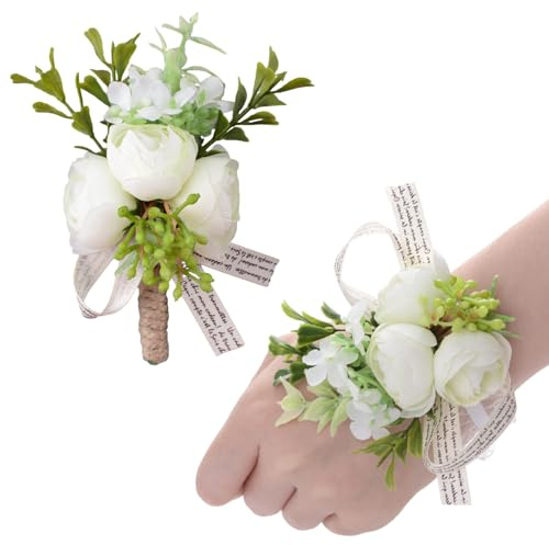 URROMA Ansteckblume für das Handgelenk, 2 Stück, weiße Rose, Band, künstliche Ansteckblumen, Armband, Simulationsrosen für Abschlussball, Hochzeit, Brautjungfer