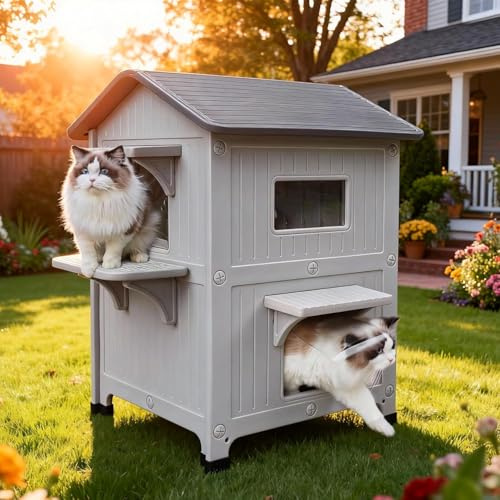 Maison d'extérieur pour chat - 2 histoires - En plastique - Résistant aux intempéries - Avec porte d'échappement - Grande villa sauvage - Abri pour petits animaux de compagnie de taille moyenne