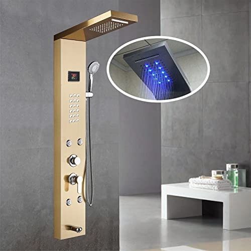 Panneau de douche moderne à 6 fonctions LED avec cascade et pommeau de douche à 4 jets et bec de baignoire en acier inoxydable 304 finition dorée