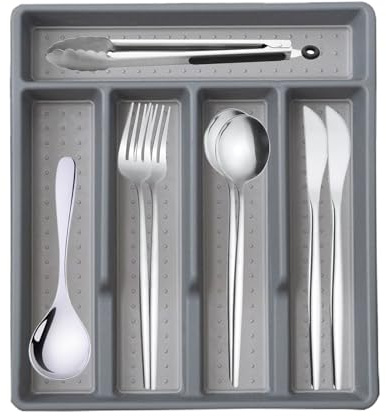 Porta Posate Cucina Cassetto,Organizer Cassetti Scatola Porta Posate,Vassoio Portaposate Scatole Stoccaggio Divisori Contenitori in Plastica, Cucina Portaposate antiscivolo con 5 Scomparti 32x28.5x5