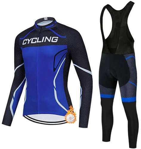 Ropa Ciclismo Hombre Conjunto Bici MTB Invierno Maillot Ciclista Polar Térmico,Traje Bicicleta Chaquetas Ciclo Manga Larga y Pantalones Tirantes con 19D Gel Acolchado,Completa de BTT Jerseys|2,XL