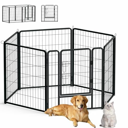 Aufun 6-Gitter Freilaufgehege Welpenauslauf faltbares Tierlaufstall, Automatische Verriegelung, Laufgitter Welpenfreigehege Hundegehege mit Tür für Hunde, Kaninchen, Kleintiere, Katze, je 80x80cm