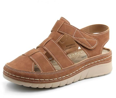 JOMIX Sandale Femme Compensé Orthopédique à Scratch Bout Fermé Mules Plateforme été Confortable pour Extérieur (Marron,38)