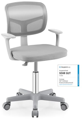 COSTWAY 360° vridbar barnskrivbordsstol, 80–91,5 cm höjdjusterbar pojkstol med ryggstöd och armstöd, datorstol med 5 hjul för barn från 3–10 år (grå)
