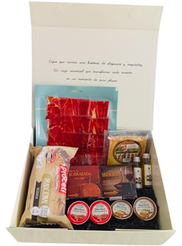 DON GOURMET, Desayuno a domicilio sorpresa, Caja sorpresa, Jamón ibérico, Queso curado, Pack de pates, Crema de cacao, Pan Rústico para Tostadas, Cesta Regalo. Regalo Día del Padre.
