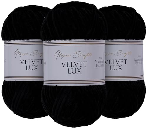 Utopia Crafts Velvet Lux Chenille Super Soft Chunky Yarn for Knitting and Crochet 3x 100g (Black)