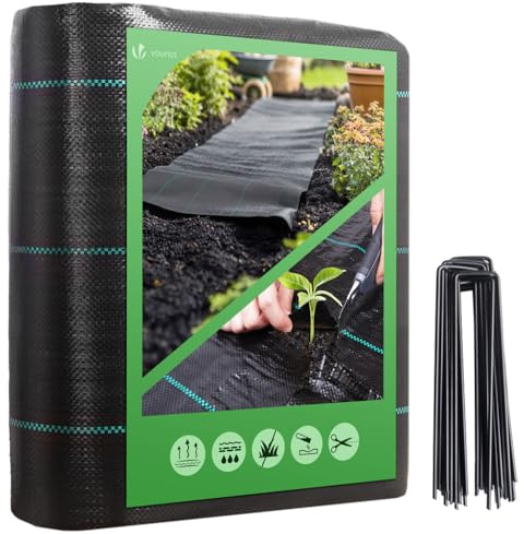 VOUNOT® Malla Antihierbas con 50 Clavijas de Jardín, Tela Geotextil para Control de Maleza, 1 m x 25 m, 100 g/m², Resistente a la Rotura y Estabilizada contra UV